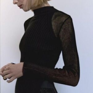 Zara Black Cowl Neck Sweater with Sheer Sleeves